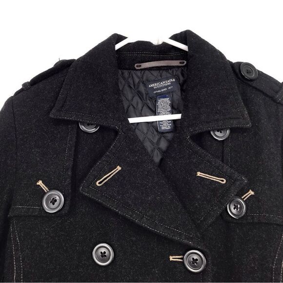 American Eagle Black Wool Blend Double Breasted Button Short Cut Pea Coat - Picture 7 of 16